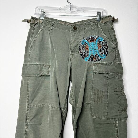 DA-NANG Cargo Dragon Floral Embroidered Pants Green Y2K Low Rise Small - Picture 2 of 11